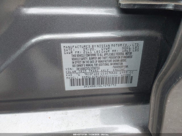 43773739 :رقم المزاد ، 3N1AB8CV0LY298793 vin ، 2020 Nissan Sentra Sv Xtronic Cvt مزاد بيع