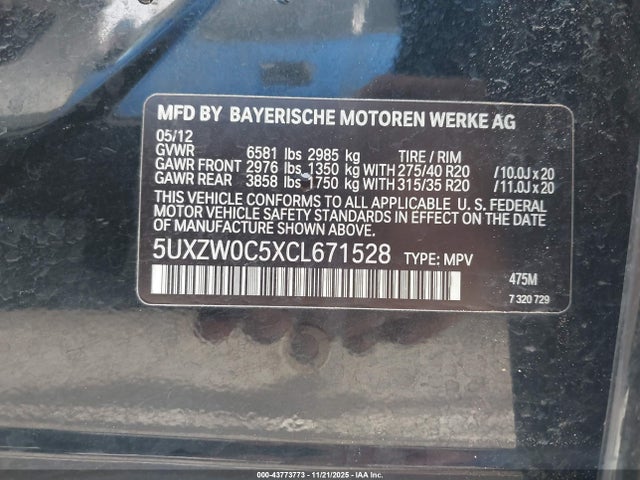 Aukcja sprzedaży 2012 Bmw X5 Xdrive35d, vin: 5UXZW0C5XCL671528, numer aukcji: 43773773