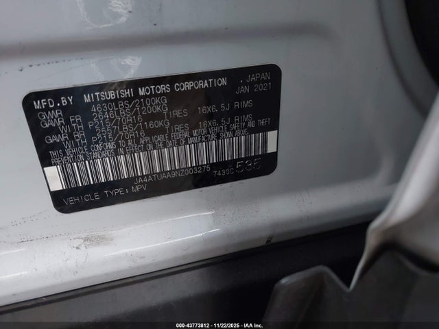 Продаж на аукціоні авто 2022 Mitsubishi Eclipse Cross Es S-awc, vin: JA4ATUAA9NZ003275, номер лоту: 43773812