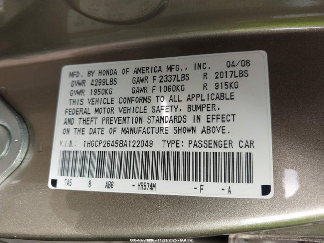 Aukcja sprzedaży 2008 Honda Accord 2.4 Lx-p, vin: 1HGCP26458A122049, numer aukcji: 43773896