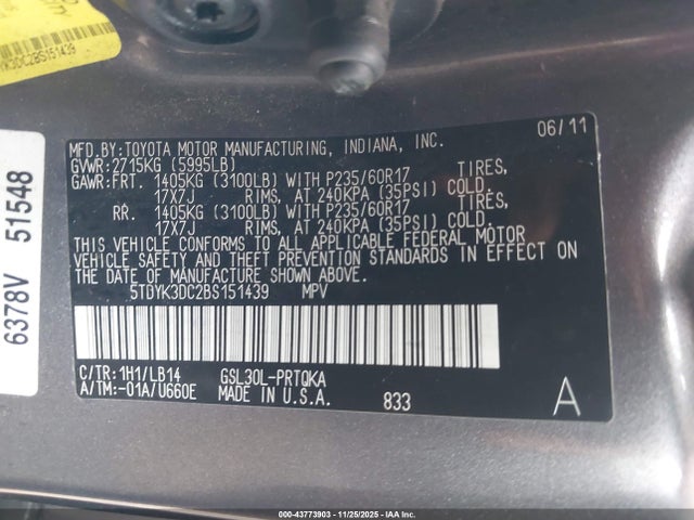2011 Toyota Sienna Xle V6 მანქანა იყიდება აუქციონზე, vin: 5TDYK3DC2BS151439, აუქციონის ნომერი: 43773903