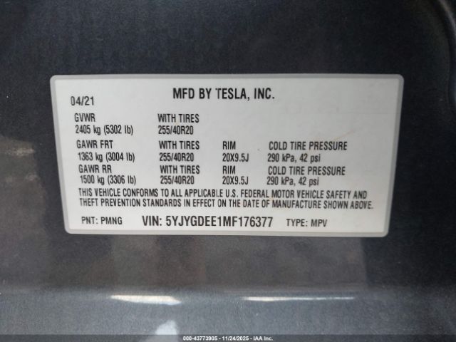 2021 TESLA MODEL Y 5YJYGDEE1MF176377 Photo 8