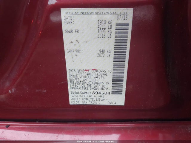 43773939 :رقم المزاد ، 1N4AL3APXFN894504 vin ، 2015 Nissan Altima 2.5/2.5 S/2.5 Sl/2.5 Sv مزاد بيع