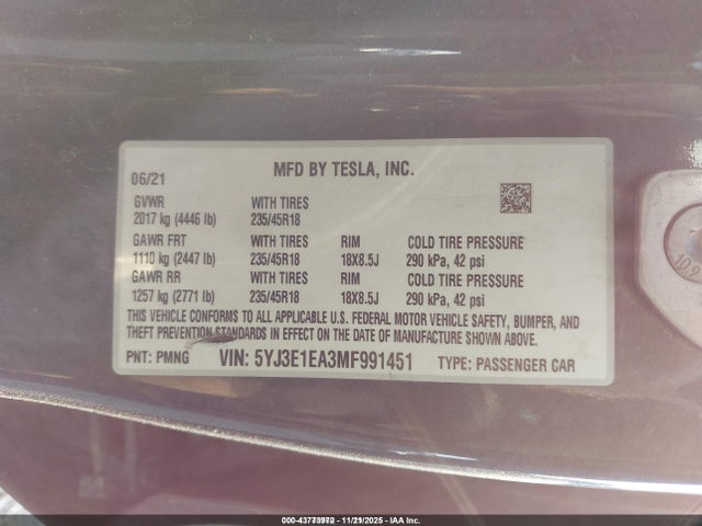 2021 TESLA MODEL 3 5YJ3E1EA3MF991451 Photo 8