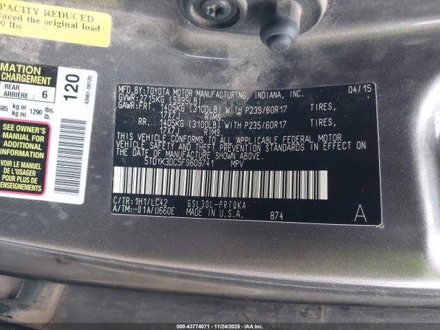 Aukcja sprzedaży 2015 Toyota Sienna Xle 8 Passenger, vin: 5TDYK3DC5FS609741, numer aukcji: 43774071