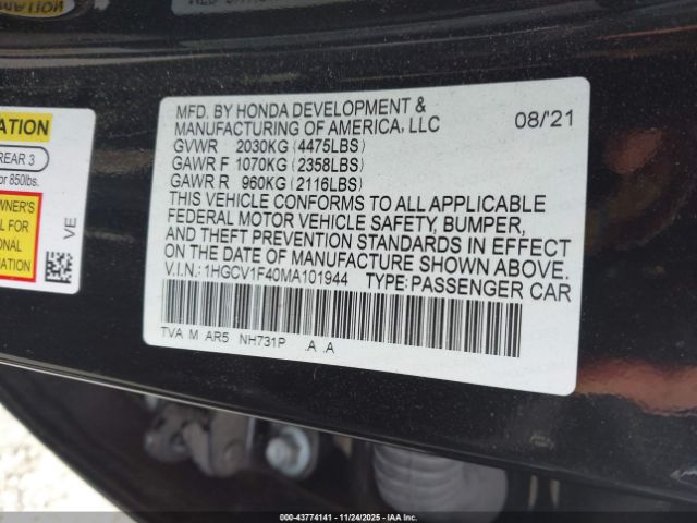 2021 HONDA ACCORD 1HGCV1F40MA101944 Photo 8