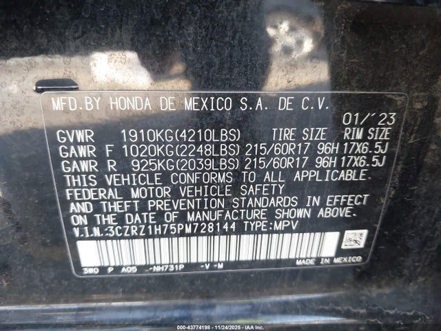3CZRZ1H75PM728144 Honda Hr-v 2wd Ex-l