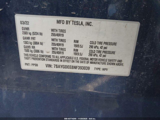 2022 TESLA MODEL Y 7SAYGDEE8NF393039 Photo 8