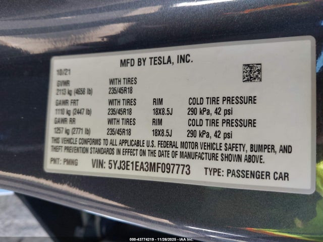 5YJ3E1EA3MF097773 Tesla Model 3 Standard Range Plus Rear-wheel Drive