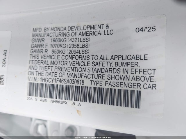 1HGCY1F46SA030818 Honda ACCORD SE