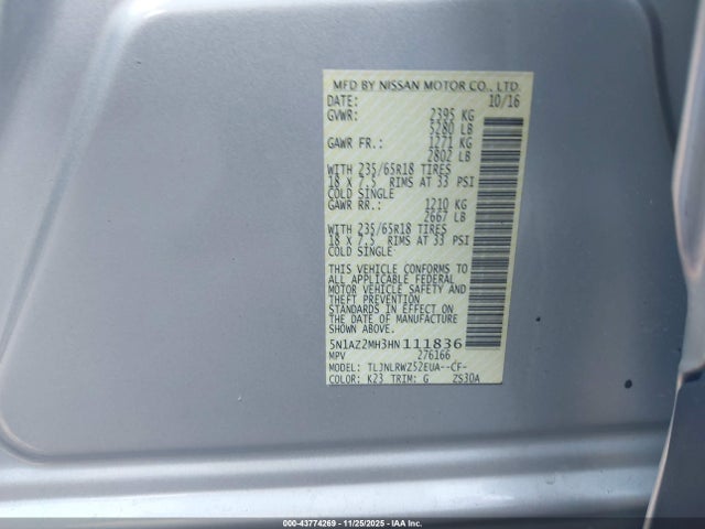 5N1AZ2MH3HN111836 Nissan MURANO SL