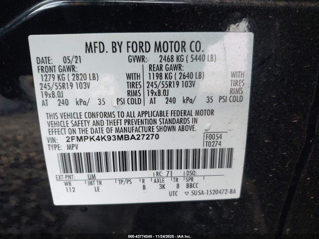 2FMPK4K93MBA27270 Ford Edge Titanium