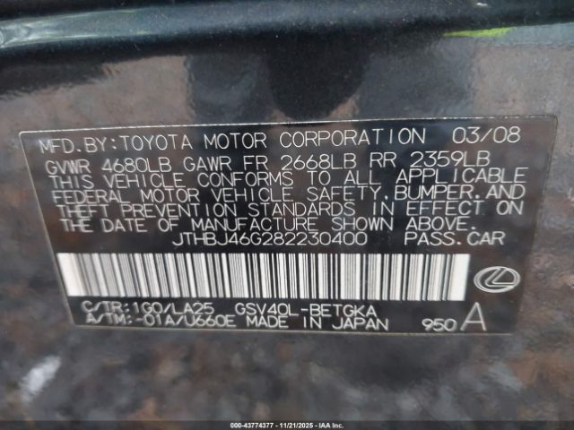 2008 LEXUS ES 350 JTHBJ46G282230400 Photo 8