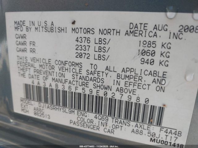 2009 MITSUBISHI GALANT 4A3AB36F59E027980 Photo 8