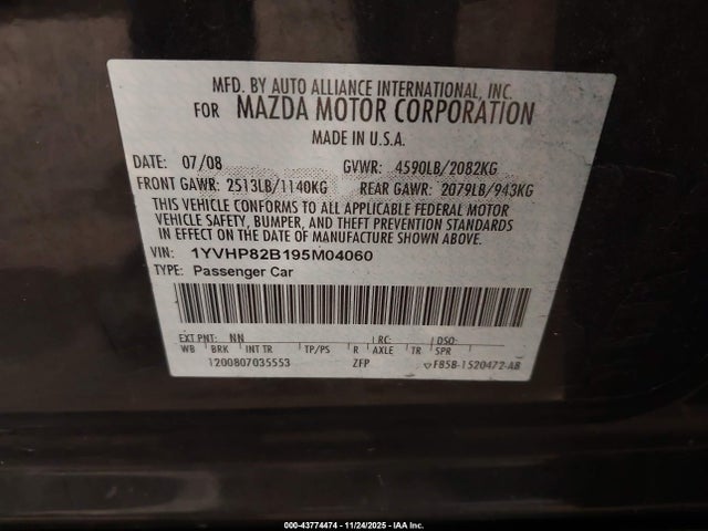 2009 Mazda Mazda6 S Grand Touring მანქანა იყიდება აუქციონზე, vin: 1YVHP82B195M04060, აუქციონის ნომერი: 43774474