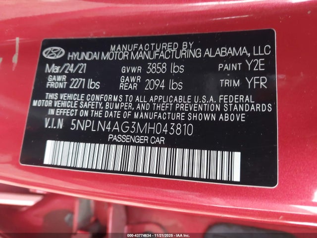 5NPLN4AG3MH043810 Hyundai ELANTRA SEL