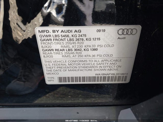 43774665 :رقم المزاد ، WA1BNAFY6L2018972 vin ، 2020 Audi Q5 Premium Plus 45 Tfsi Quattro S Tronic مزاد بيع