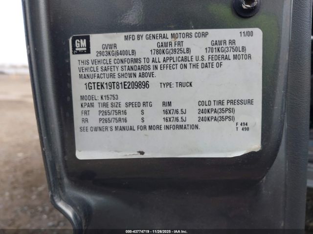 2001 GMC SIERRA 1500 1GTEK19T81E209896 Photo 8