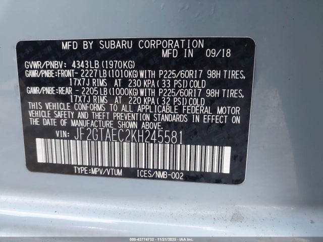 2019 Subaru Crosstrek 2.0i Premium მანქანა იყიდება აუქციონზე, vin: JF2GTAEC2KH245581, აუქციონის ნომერი: 43774732