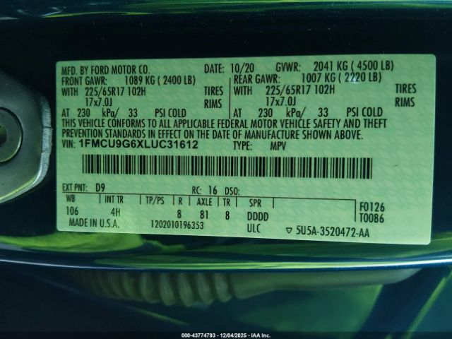 2020 FORD ESCAPE 1FMCU9G6XLUC31612 Photo 8