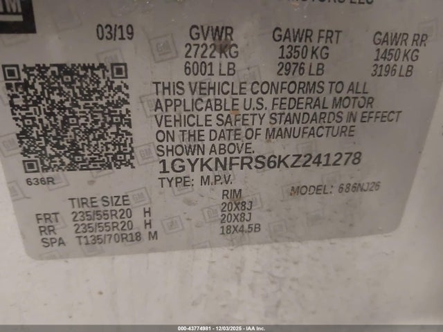 43774981 :رقم المزاد ، 1GYKNFRS6KZ241278 vin ، 2019 Cadillac Xt5 Premium Luxury مزاد بيع