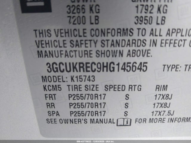 3GCUKREC9HG145645 Chevrolet Silverado 1500 1lt