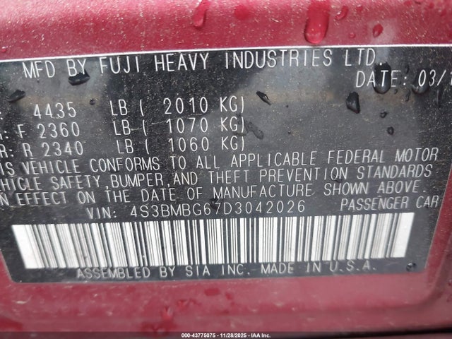 43775075 :رقم المزاد ، 4S3BMBG67D3042026 vin ، 2013 Subaru Legacy 2.5 I Sport مزاد بيع