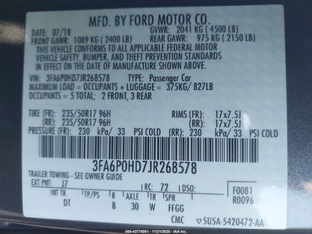 2018 FORD FUSION 3FA6P0HD7JR268578 Photo 8