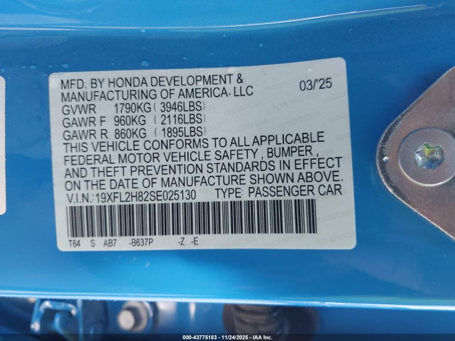 Продаж на аукціоні авто 2025 Honda Civic Sedan Sport, vin: 19XFL2H82SE025130, номер лоту: 43775183