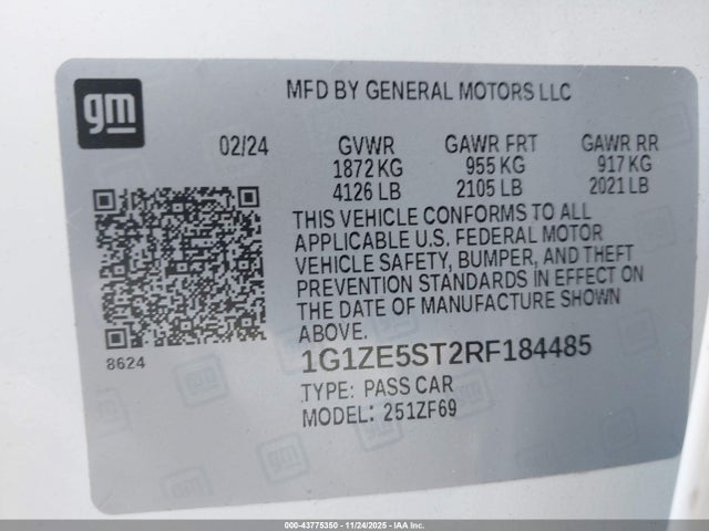Aukcja sprzedaży 2024 Chevrolet Malibu Fwd 2lt, vin: 1G1ZE5ST2RF184485, numer aukcji: 43775350