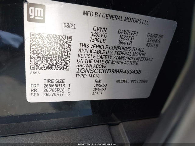 1GNSCCKD9MR433438 Chevrolet Suburban 2wd Lt