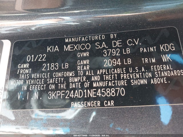 3KPF24AD1NE458870 KIA Forte Lxs
