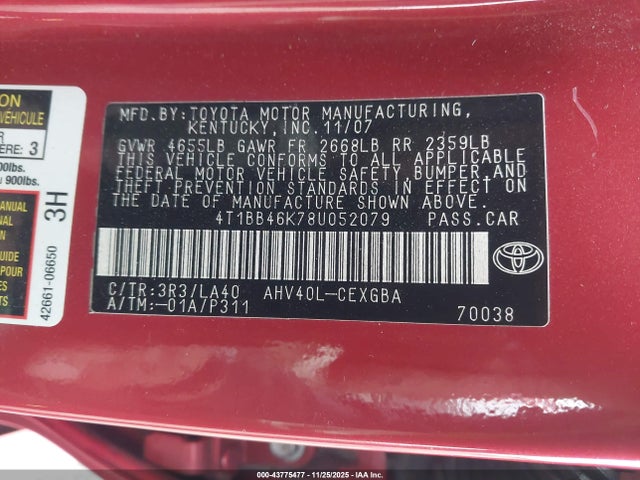 43775477 :رقم المزاد ، 4T1BB46K78U052079 vin ، 2008 Toyota Camry Hybrid مزاد بيع