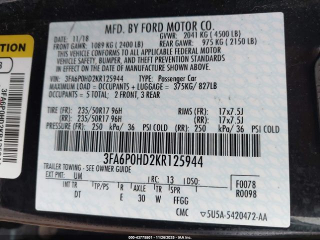 2019 FORD FUSION 3FA6P0HD2KR125944 Photo 8