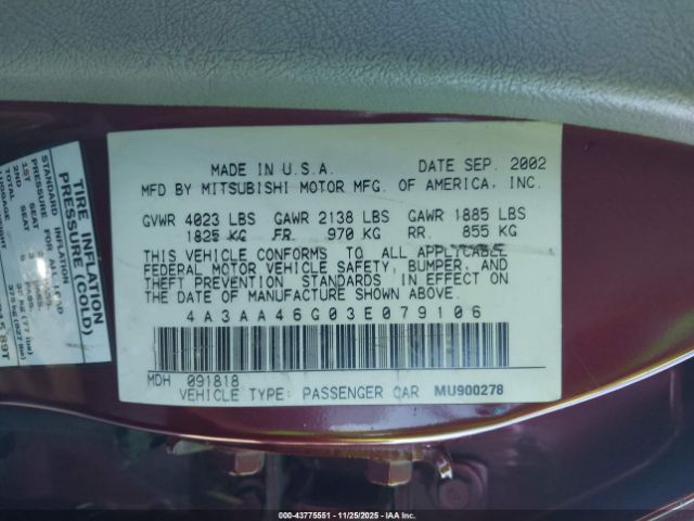 2003 MITSUBISHI GALANT 4A3AA46G03E079106 Photo 8