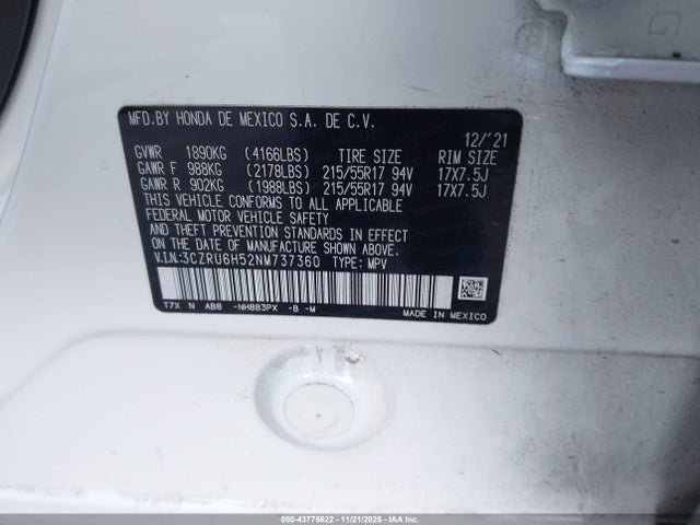 3CZRU6H52NM737360 Honda Hr-v Awd Ex