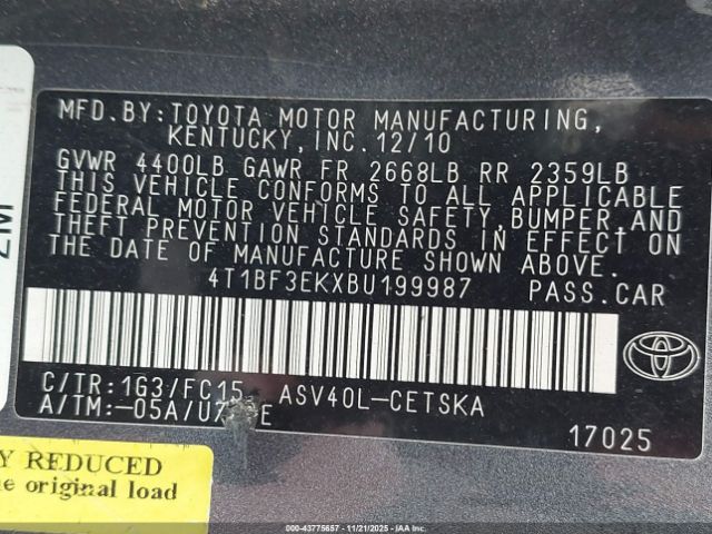 2011 TOYOTA CAMRY 4T1BF3EKXBU199987 Photo 8