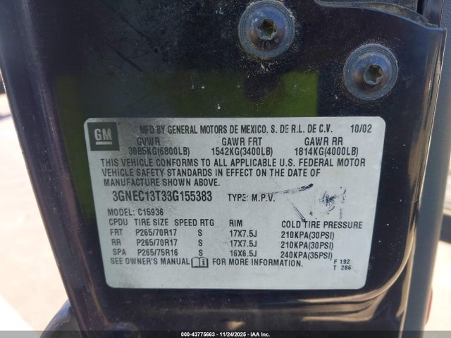 43775663 :رقم المزاد ، 3GNEC13T33G155383 vin ، 2003 Chevrolet Avalanche 1500 مزاد بيع