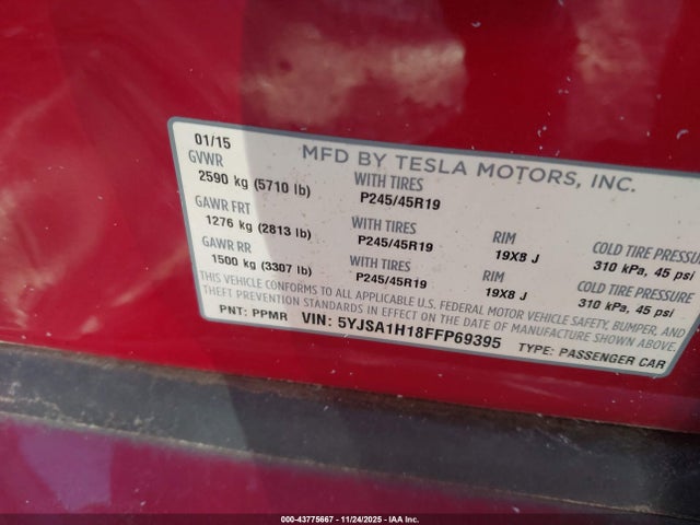 43775667 :رقم المزاد ، 5YJSA1H18FFP69395 vin ، 2015 Tesla Model S 60/70/85 مزاد بيع
