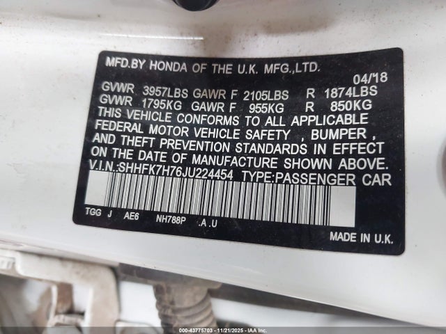 SHHFK7H76JU224454 Honda Civic Ex-l