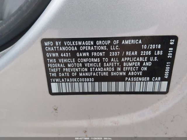 2019 VOLKSWAGEN PASSAT 1VWLA7A30KC003930 Photo 8