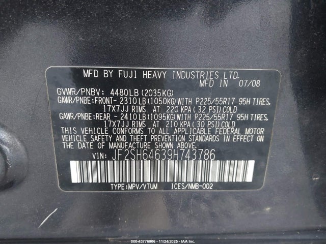 2009 Subaru Forester 2.5x Limited მანქანა იყიდება აუქციონზე, vin: JF2SH64639H743786, აუქციონის ნომერი: 43776006