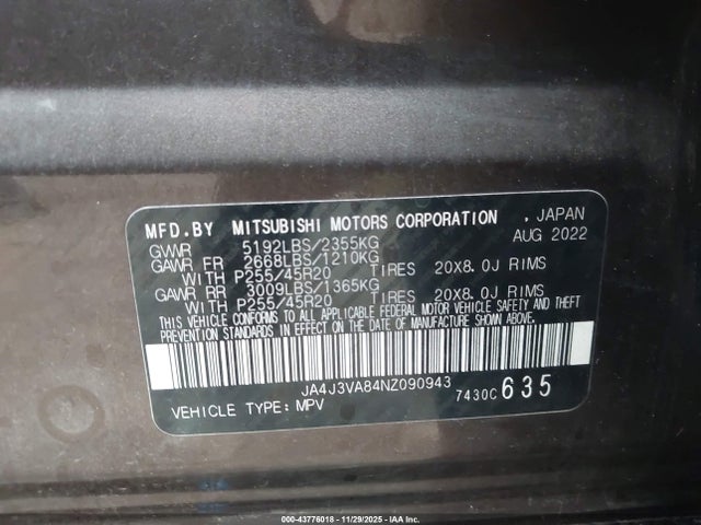 2022 MITSUBISHI OUTLANDER JA4J3VA84NZ090943 Photo 8