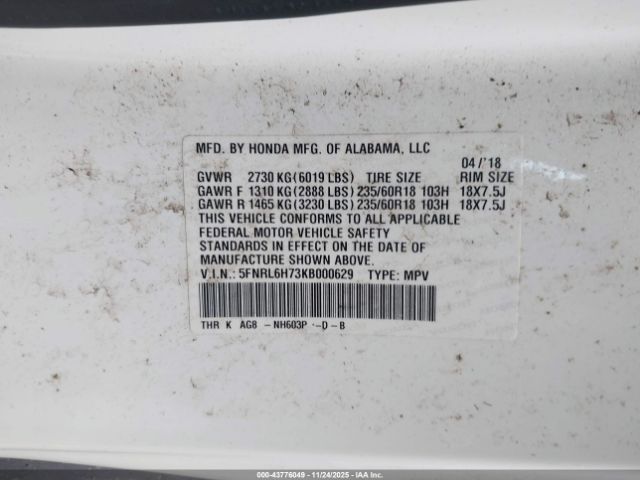 2019 HONDA ODYSSEY 5FNRL6H73KB000629 Photo 8