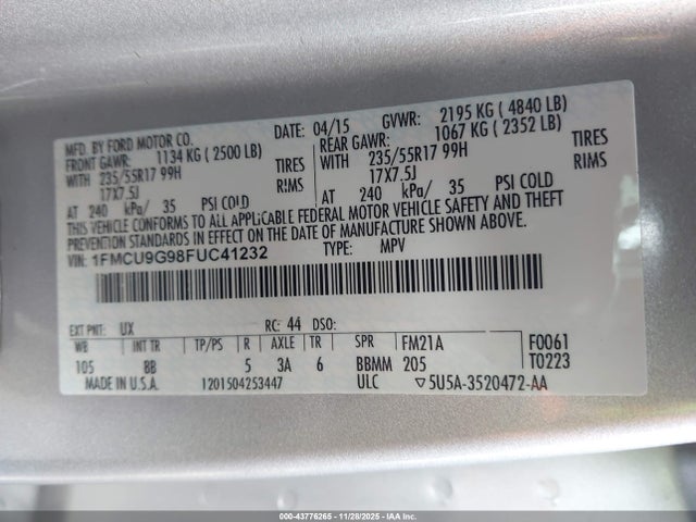 Продаж на аукціоні авто 2015 Ford Escape Se, vin: 1FMCU9G98FUC41232, номер лоту: 43776265