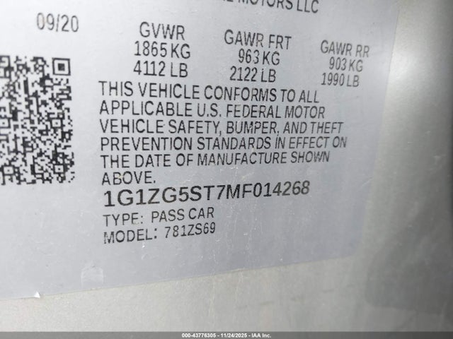 Продаж на аукціоні авто 2021 Chevrolet Malibu Fwd Rs, vin: 1G1ZG5ST7MF014268, номер лоту: 43776305