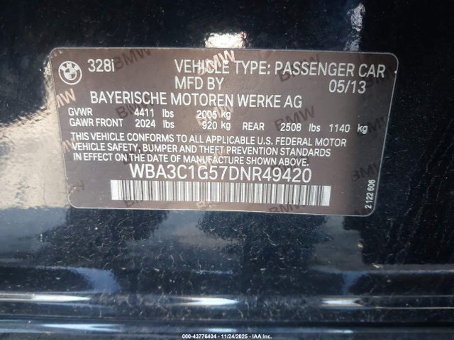 Продаж на аукціоні авто 2013 Bmw 328i, vin: WBA3C1G57DNR49420, номер лоту: 43776404