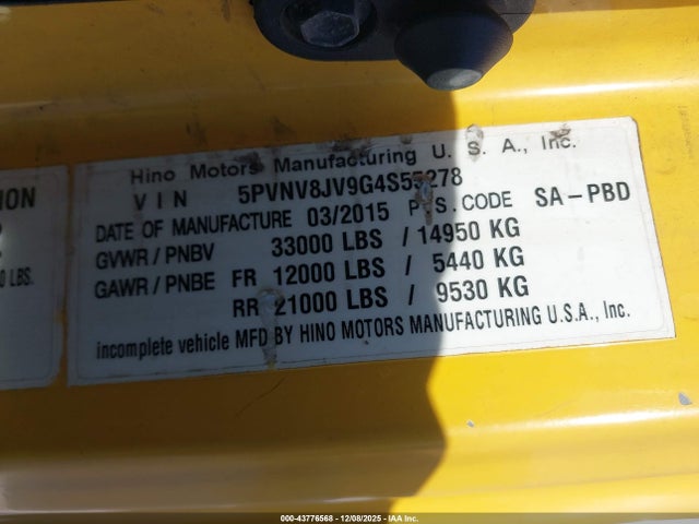 5PVNV8JV9G4S55278 Hino 338