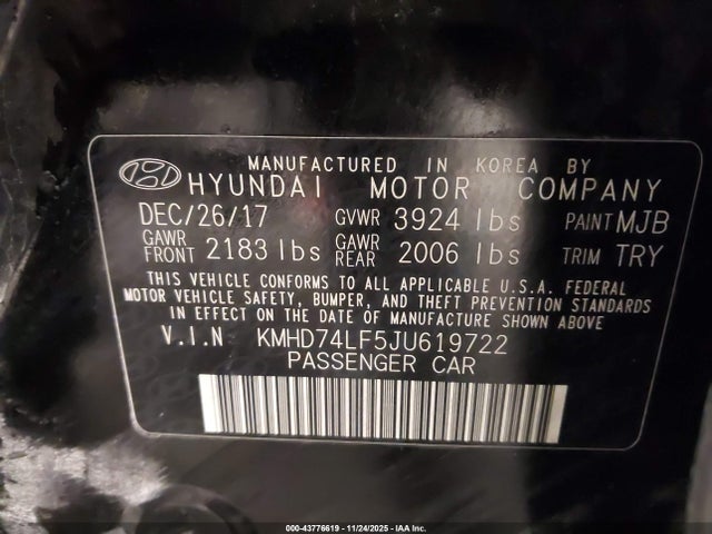 KMHD74LF5JU619722 Hyundai ELANTRA SE
