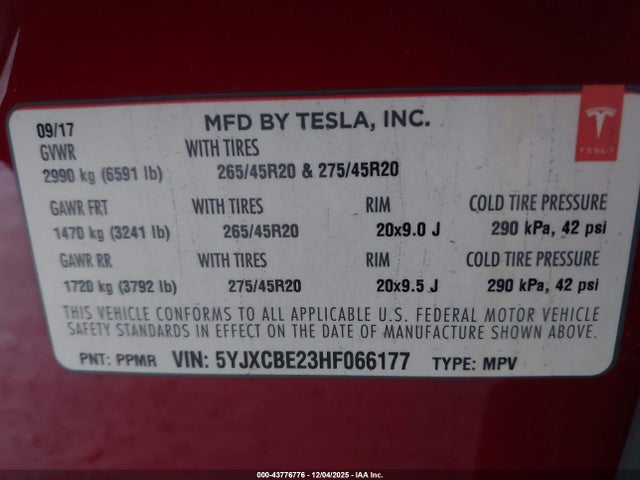 Tesla MODEL X 2017 5YJXCBE23HF066177 Image 9
